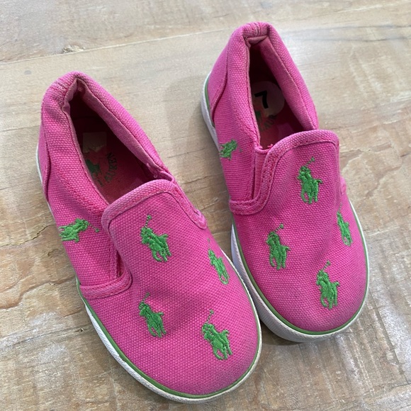 Baby girls Polo Ralph Lauren pony logo girls pink sneakers canvas shoe - Picture 1 of 14